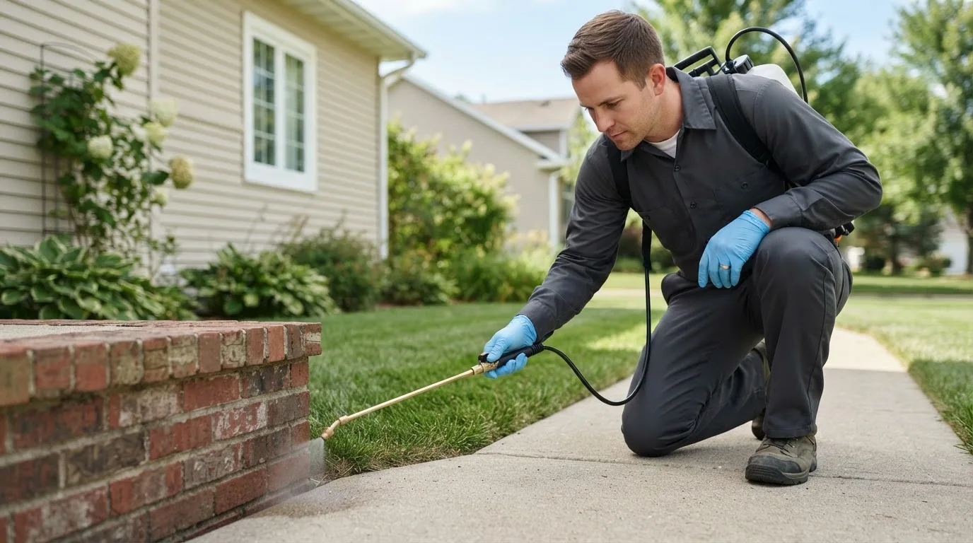 Pest control technician treating a home near Medaryville, IN